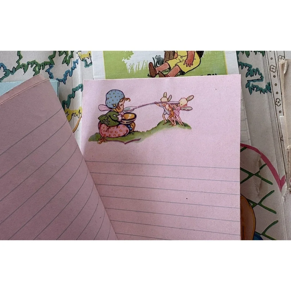 Vintage childrens stationery writing paper pink blue envelope Skeezix illus 1930